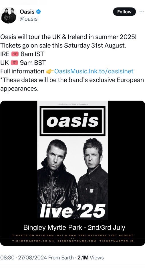 “This is it, this is happening”
Tickets on sale this Saturday 31st August
Dates:
Bingley Myrtle Park - 2nd/3rd July 
Cardiff Principality Stadium - 4th/5th July
Manchester Heaton Park - 11th/12th/19th/20th July
London Wembley Stadium - 25th/26th July &amp; 2nd/3rd August