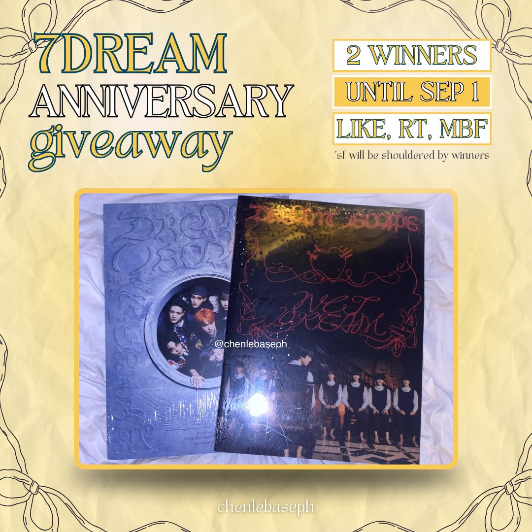 chenlebasePH's tweet photo. :¨ ·.· ¨:
`· . ꔫ 7DREAM’s 8TH ANNIV GIVEAWAY (PH)

⋆𐙚₊˚ 2 WINNERS 
♡ dream( )scape PB albums ♡
- 1 A &amp; 1 B ver. 

- mbf, like, rt
- tag a friend and reply with your favorite 7dream moment w/ the tags: #Forever8estie7DREAM #아이고_칠드림_생일이에요

🐬 ends: sept 1, 11:59 pm https://t.co/DFaYetsPLL