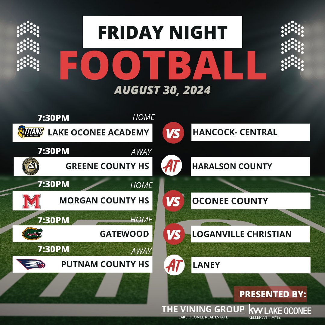 Lake_Oconee's tweet image. Get ready for some #FridayNightLights! Check out the exciting local matchups for August 30th and find out who your favorite team is going up against! #ONETitan #GCSSTigers #PutnamWarEagles #GatewoodGators #GoDogs #LakeCountry #HighSchoolFootball #HometownHero