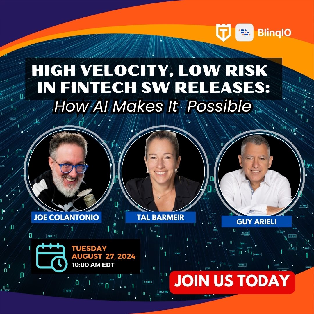 Explore the role of #AI in #fintechtesting. Join <a href="/talbarmeir/">Tal Barmeir</a> &amp; <a href="/guyarieli/">Guy Arieli</a> today to learn how #AIdrivensolutions can enhance the efficiency and reliability of your #softwarereleases. Gain a competitive edge with faster, smarter deployments. 👉 testguild.com/webinar-high-v… <a href="/BlinqIo/">Blinq.io</a>