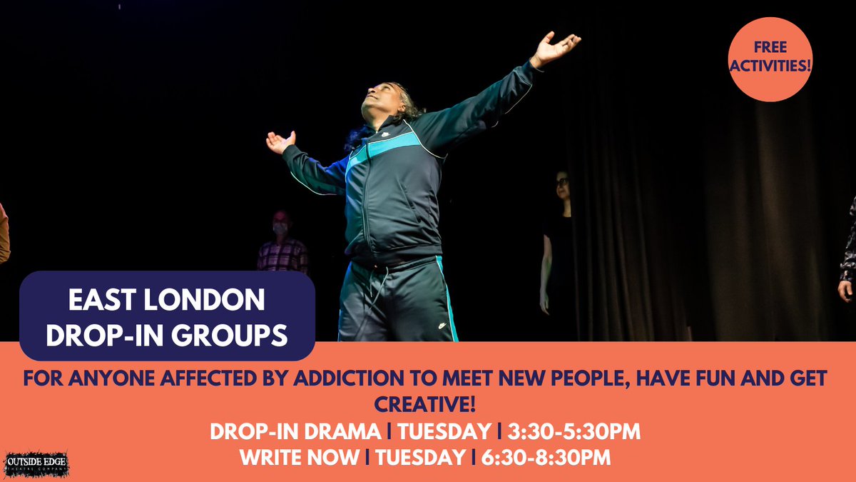 OutsideTheatre's tweet photo. Its Tuesday! Get your week going today! Come to our free Drop-in Drama & Write Now groups in East London today! Open to all experience levels!
Sign up today via the link in our bio.
#EastLondon #Drama #ArtsAndHealth #AddictionSupport #SoberCommunity #TheatreWorkshop #DramaClass https://t.co/rsdgfA5z03