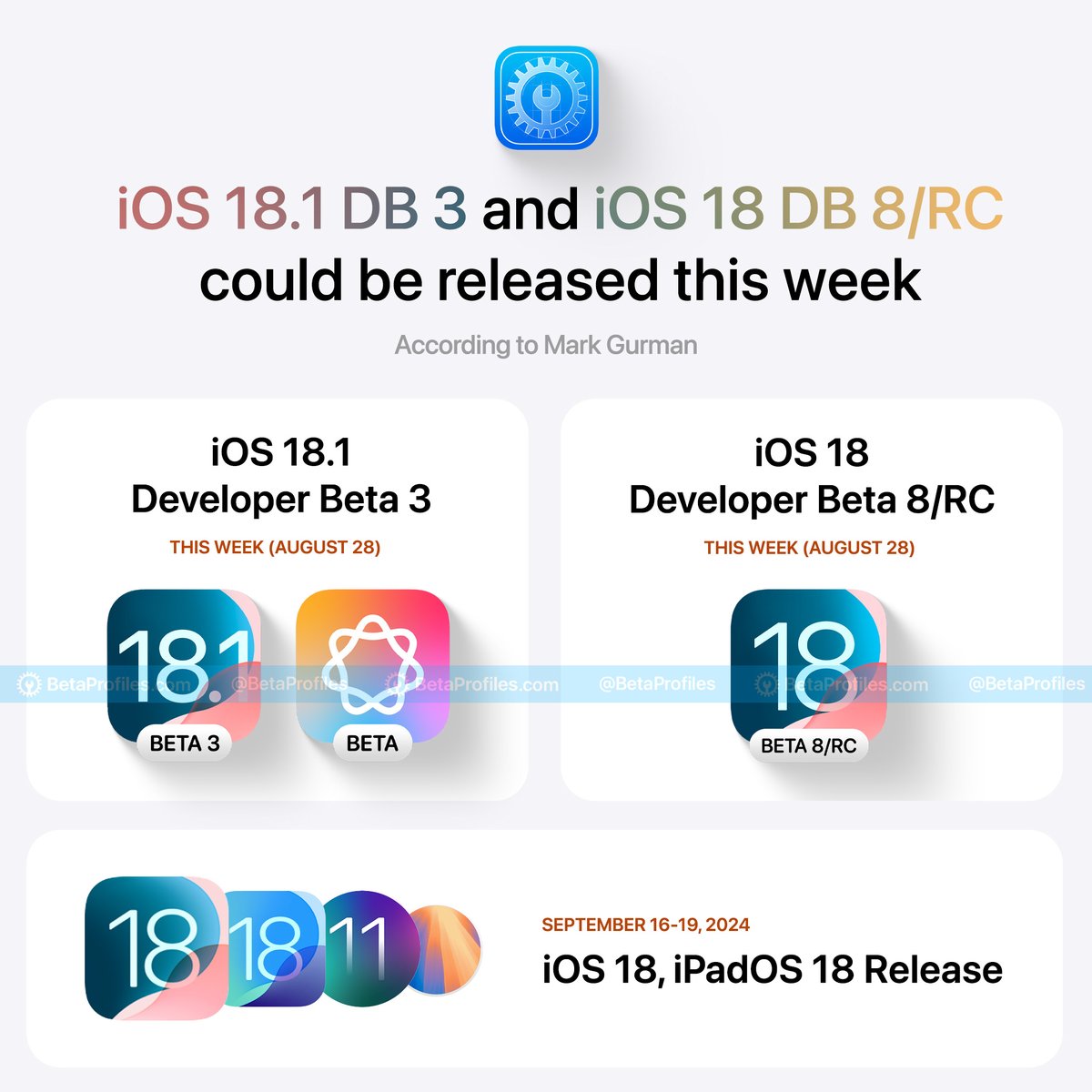 BetaProfiles's tweet photo. iOS 18.1 Developer Beta 3 and iOS 18 Developer Beta 8/RC might be released this week.

iOS 18 is expected to officially launch in mid-September. https://t.co/2vkWk3iq83