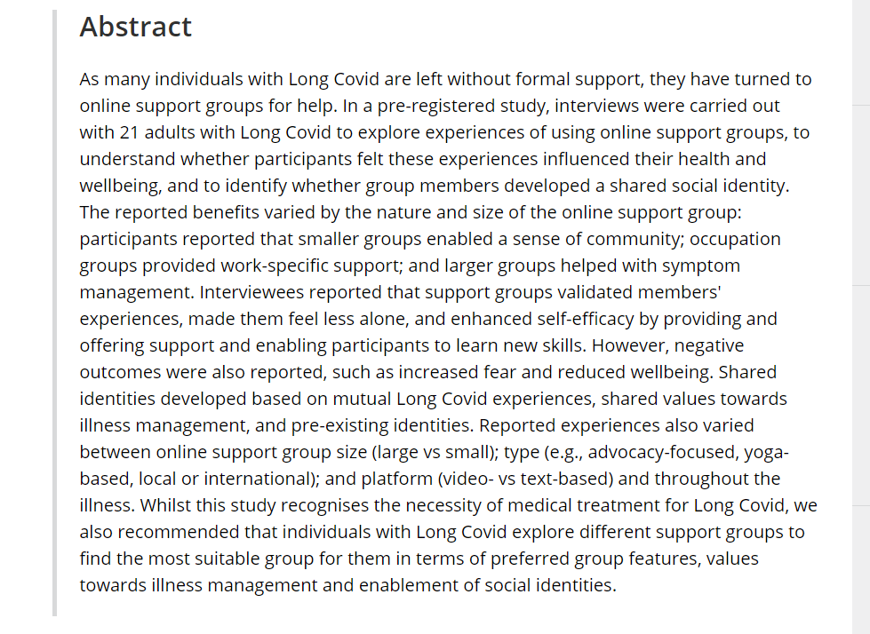 New from <a href="/_freyamills/">Freya Mills</a>  &amp; team

'Online support groups, social identity, and the health and wellbeing of adults with Long Covid: An interview study' 

onlinelibrary.wiley.com/doi/10.1002/ca…

Please share.