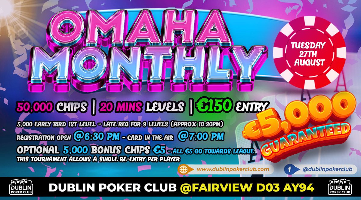 dublinpokerclub's tweet photo. Two games running in the club this evening with our Omaha Monthly and our Super Tuesday hitting the felt at 7:00pm. 

Registration for both events is open from 6:30pm with cards in the air at 7:00pm. 

See you in the club!! https://t.co/bgfDjGkfGP