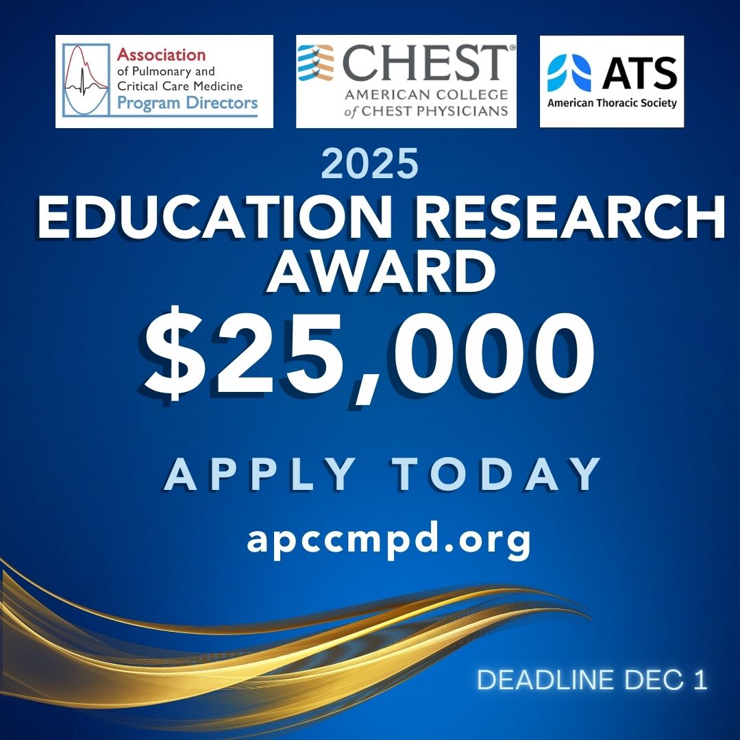 The 2025 <a href="/apccmpd/">APCCMPD</a> <a href="/atscommunity/">American Thoracic Society (ATS)</a> <a href="/accpchest/">CHEST</a>
Education Research Award is open! Apply today!
#PCCM #meded #pulmCCM #PCCMedEd
📄 Application  tinyurl.com/3p6fa8v8
📆 Deadline December 1, 2024