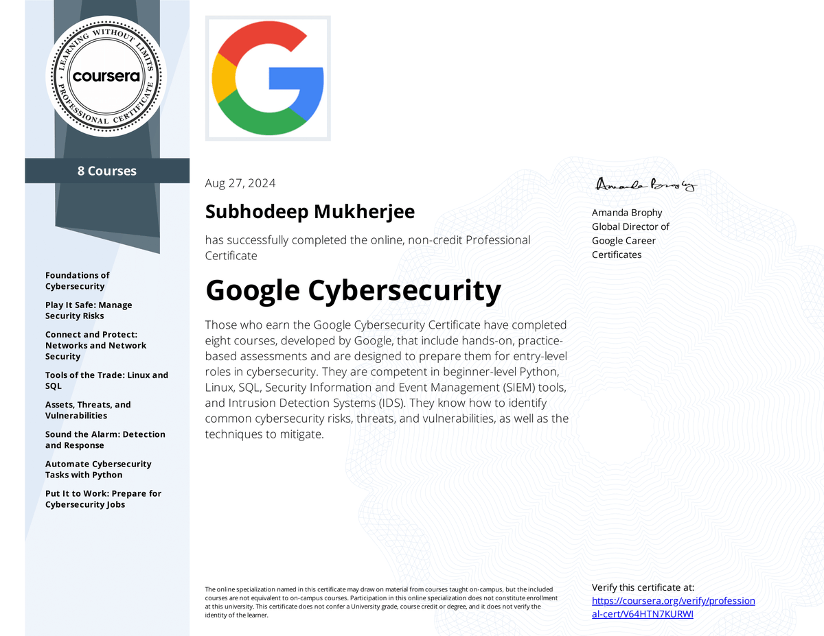 TheeGuyver's tweet photo. Guys, I finally have my first #Cybersecurity #Certification from #Google ☺️
The Google Cybersecurity Professional Certificate!

Cheers! 🍻 https://t.co/HAW07itLTL