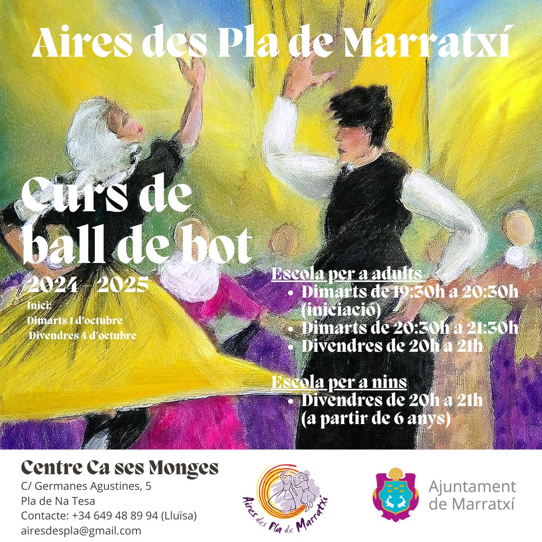 AiresPla's tweet photo. Vols començar a ballar l’autèntic ball mallorquí?

Comença el nou curs de ball de bot a Aires des Pla de Marratxí!

Contacte: +34 649 48 89 94 / airesdespla@gmail.com

#balldebot #airesdespla #folklore #inicidecurs #cultura #mallorca https://t.co/idaGsKZRuK