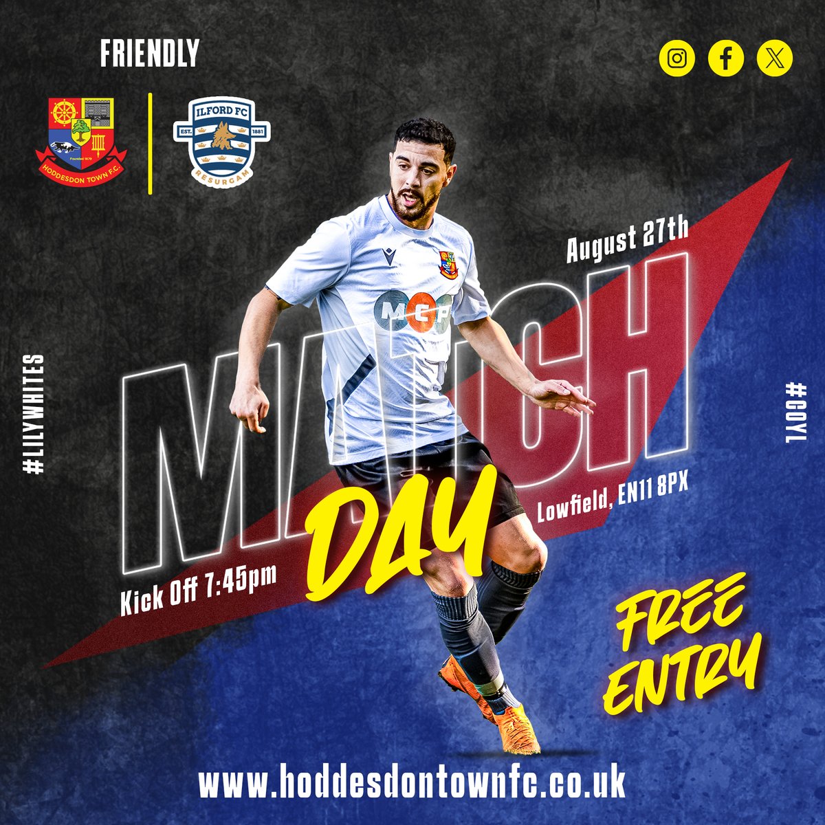 HoddesdonTownFC's tweet photo. Yes you heard it, we have a friendly at the Lowfield tonight with Kick-off at 7:45pm against @IlfordFC1881.  Lowfield365 members can enjoy discounts at the bar. You can get your membership here: https://t.co/1tZNnEElrw

Plus it's FREE ENTRY

#COYL #onetownoneclub https://t.co/hANJsecx2W