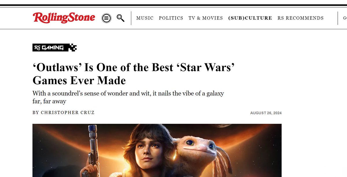 STAR WARS OUTLAWS LAUNCH DAY!
Thank you for all the support and constructive feedback so far.
I'll leave you with my favorite review so far, from Rolling Stone Magazine:
'Outlaws' is one of the best 'Star Wars' games ever made.

#StarWarsOutlaws 
#StarWars