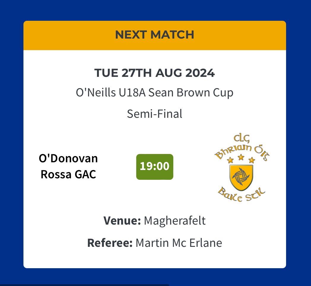 Any plans for this beautiful Tuesday evening???Our minors play in their Semi Final, Championship away v Magherafelt, with a 7pm throw in this evening. It would be great to get a good crowd out supporting the lads.
Wishing them lots of luck ahead of tonight’s match 🔵🟡