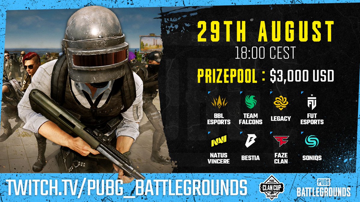 🔥 Get ready for the PUBG Clan Cup - 2024 Summer! 🔥

💰 $3,000 prize pool!
📅 August 29th, 18:00 CEST
🎁 Special clan Twitch Drops
📺 Twitch.tv/PUBG_BATTLEGRO…

Join one of the Esports fan clans for a chance to participate!

All Information can be found here: