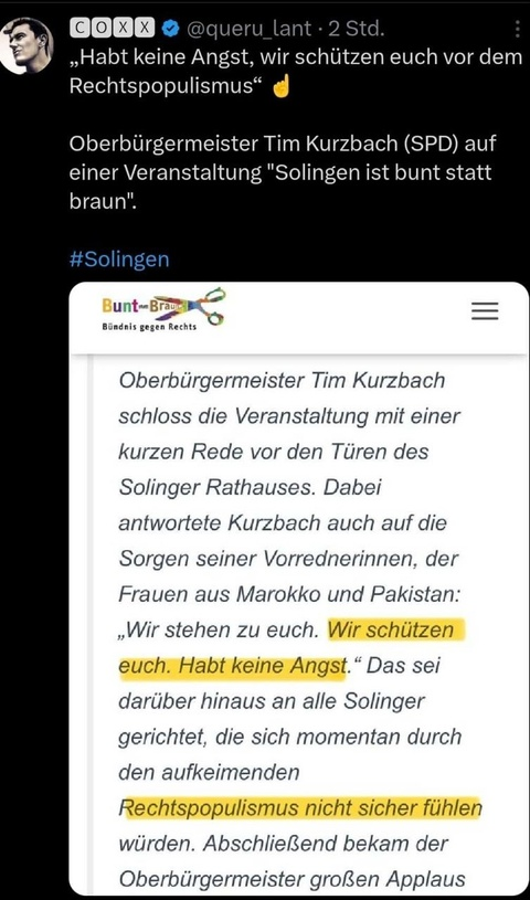 Bud14te's tweet photo. Wie schätzt ihr die Aussage des Bürgermeisters von Solingen ein?
Ich sehe eine Parallele zur England wo die drei Mädchen tot gemessert wurden und ein höherer britischer Funktionär den Muslimen versprach, sie zu schützen. https://t.co/kLejkmMDgJ
