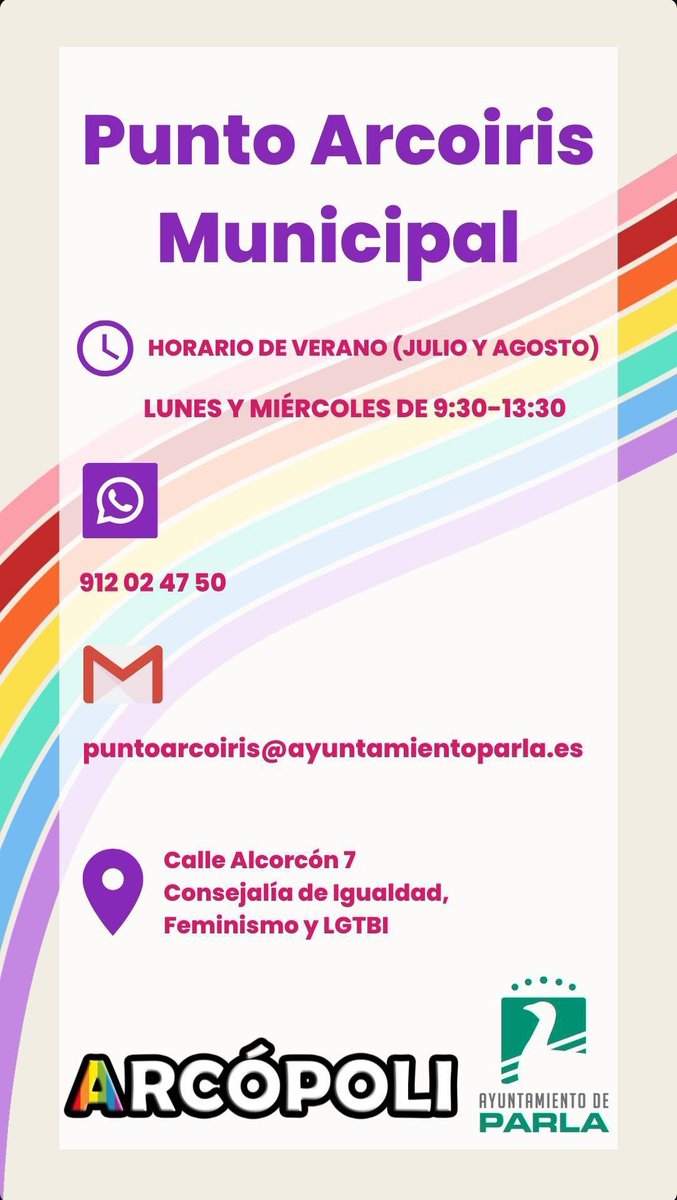 🔴🟠🟡🟢🔵🟣
Os recordamos el horario de verano del #PuntoArcoiris Municipal de #Parla
🌈 @Arcopoli

🕤 Lunes y Miércoles 9:30h - 13:30h

📍 Concejalía de Igualdad
🏳️‍🌈 <a href="/CarlaEValero00/">Carla E. Valero</a>