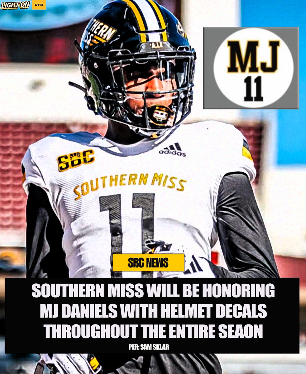 LightOnSports's tweet photo. Sun Belt News: Southern Miss will be honoring MJ Daniels with helmet decals throughout the entire season, per @sklarsam_.

Daniels, who played DB for the Golden Eagles was tragically shot and killed this past June.

📸: @SouthernMissFB https://t.co/vHI0SgztF5