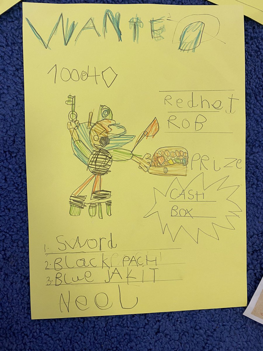 sneh_wadhwaney's tweet photo. The children of Yr 1 @TBS_Delhi designed their very own ‘Wanted’ poster in response to the book ‘Black Hat Bob.’ We looked at an #exemplar, brainstormed ideas, #modelled a sample and gave chn the #choice to use a template or create their own poster! #creativity #readwriteinc https://t.co/DBXskJRSok
