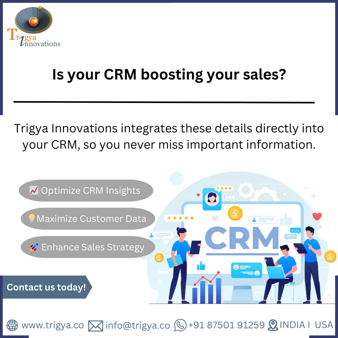 trigya_innovate's tweet image. To boost sales, knowing your customer is key! 📊 
A CRM tracks data, but are you using it effectively? 🤔 
Focus on call insights to refine your pitch and close deals. 
Trigya Innovations ensures you never miss a detail. 

💬Contact us today! 

#trigyainnovations #zohopartner