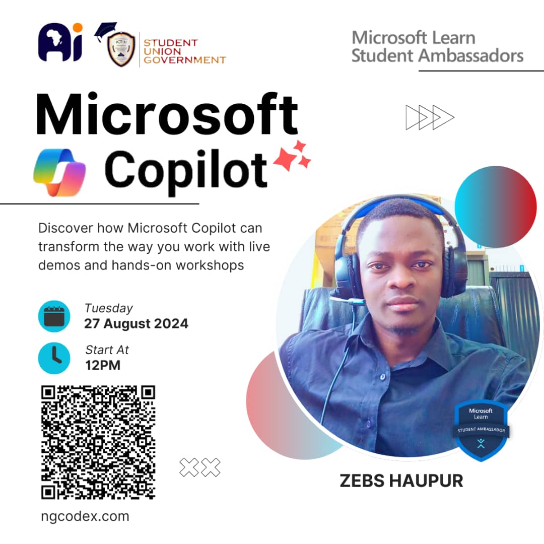 ngcodex's tweet image. *🔮AI Tool with Microsoft*
We are pleased to invite you to our exclusive *event* on Microsoft Copilot, Discovering Microsoft Copilot
 meet.google.com/cio-bzgr-jep
*🗓️Date:* 27 Time: 12h 
*📍Location: Onsite ICT University
*🌐Scan* the Qr code and join Club:ngcodex.com
#AI