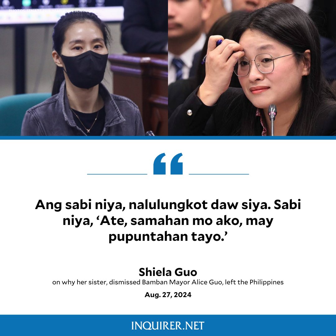 inquirerdotnet's tweet image. 😭😭😭

Dismissed Bamban Mayor Alice Guo left the country because she was sad, her sister Shiela told senators.

READ MORE: inqnews.net/SadGuo