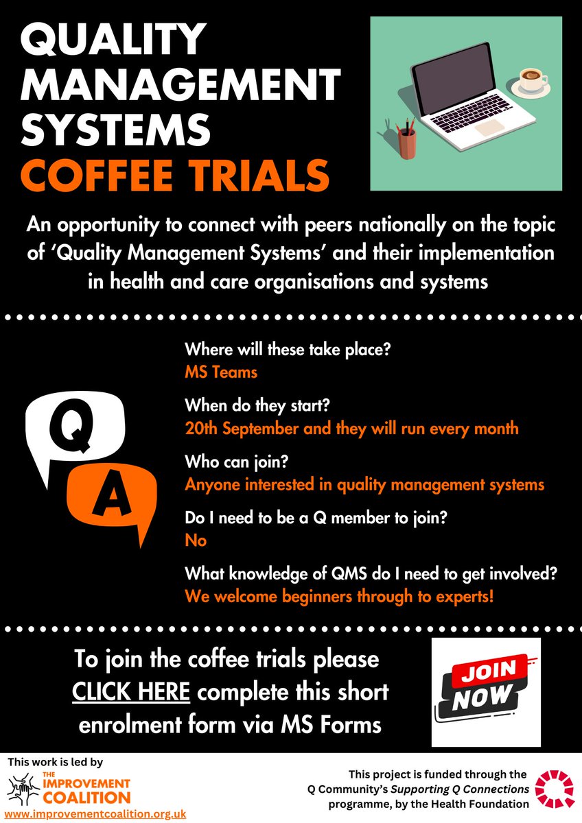 Sid Beech (@sid_improvement) on Twitter photo Join the QMS Coffee Trials - a great initiative through <a href="/theQCommunity/">The Q community</a> to connect with peers virtually from across the UK and Ireland on all things quality management. First session 20th Sept 12.30-2pm. More details in the flyer.
Registration link: forms.office.com/e/9QzvgYVPs7 Join the QMS Coffee Trials - a great initiative through <a href="/theQCommunity/">The Q community</a> to connect with peers virtually from across the UK and Ireland on all things quality management. First session 20th Sept 12.30-2pm. More details in the flyer.
Registration link: forms.office.com/e/9QzvgYVPs7