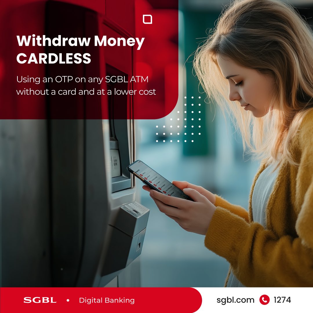 SGBLbank's tweet photo. Need to withdraw cash with no card at hand?
On SGBL Mobile App or eSGBL, use the "Cardless ATM Withdrawals" feature to generate an OTP. You can copy it or share it for later use via the Cardless service on any SGBL ATM, and at a lower cost.
#SGBL #Cardless #SGBLAtm https://t.co/9IfAxbWwie