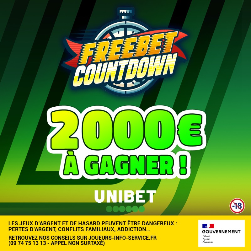 UnibetFrance's tweet photo. 400 x 5€ de Freebets à gagner avec notre 𝗙𝗥𝗘𝗘𝗕𝗘𝗧 𝗖𝗢𝗨𝗡𝗧𝗗𝗢𝗪𝗡 ! 🤑

💚 Follow @UnibetFrance

⏰ Tu as jusqu'à 15h00 pour participer en cliquant ici 👇