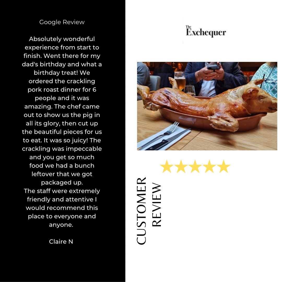 theexchequer's tweet photo. We love receiving feedback and this review is a testament to why we love what we do at The Exchequer in Ranelagh. Our suckling pig went down a treat! To book for next week, see the link in our bio. 

#TheExchequer #Ranelagh #FoodLovers #SucklingPig #Feedback #BookNow https://t.co/7SIvt3pWcR