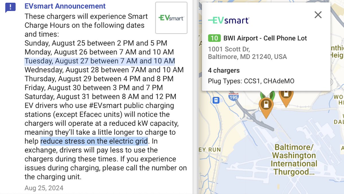 pluginsites's tweet photo. Maryland @Exelon utilities' #EVsmart #EVcharging stations are programmed to charge at a slower rate (reduced kW capacity) between 7 am and 10 am this morning "to help reduce stress on the electric grid." #PJM #electricity usage forecast for today is expected to peak at 5 pm. https://t.co/bNQWmuqaKp