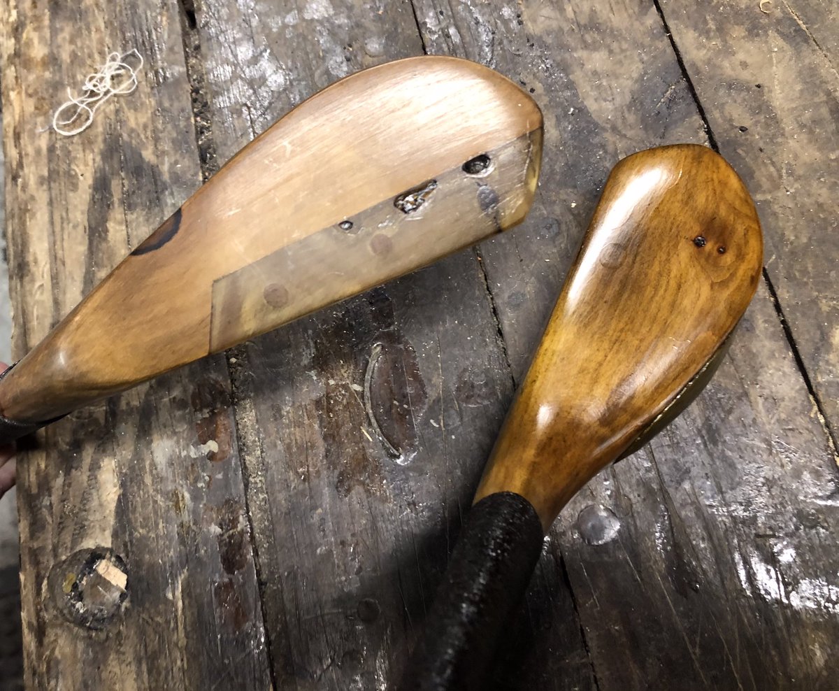 Update on Putters..lead back weights have been cut back and finished, the rams horn slips have been been finished. I’ve sanded, pitched, and started to shellac 2 of the putters and done the whipping. I’m doing final sanding on the 3rd putter, I’ll then rub in pitch and shellac.