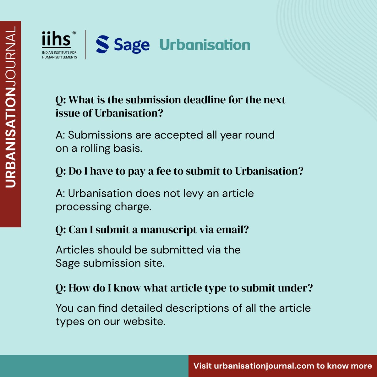 The IIHS Urbanisation Journal accepts submissions all year round. Here are some frequently asked questions about submitting to the journal. 

 Visit bit.ly/4dJQef5 for more details.  
Write to us at submission@urbanisationjournal.com for any queries.

#IIHS