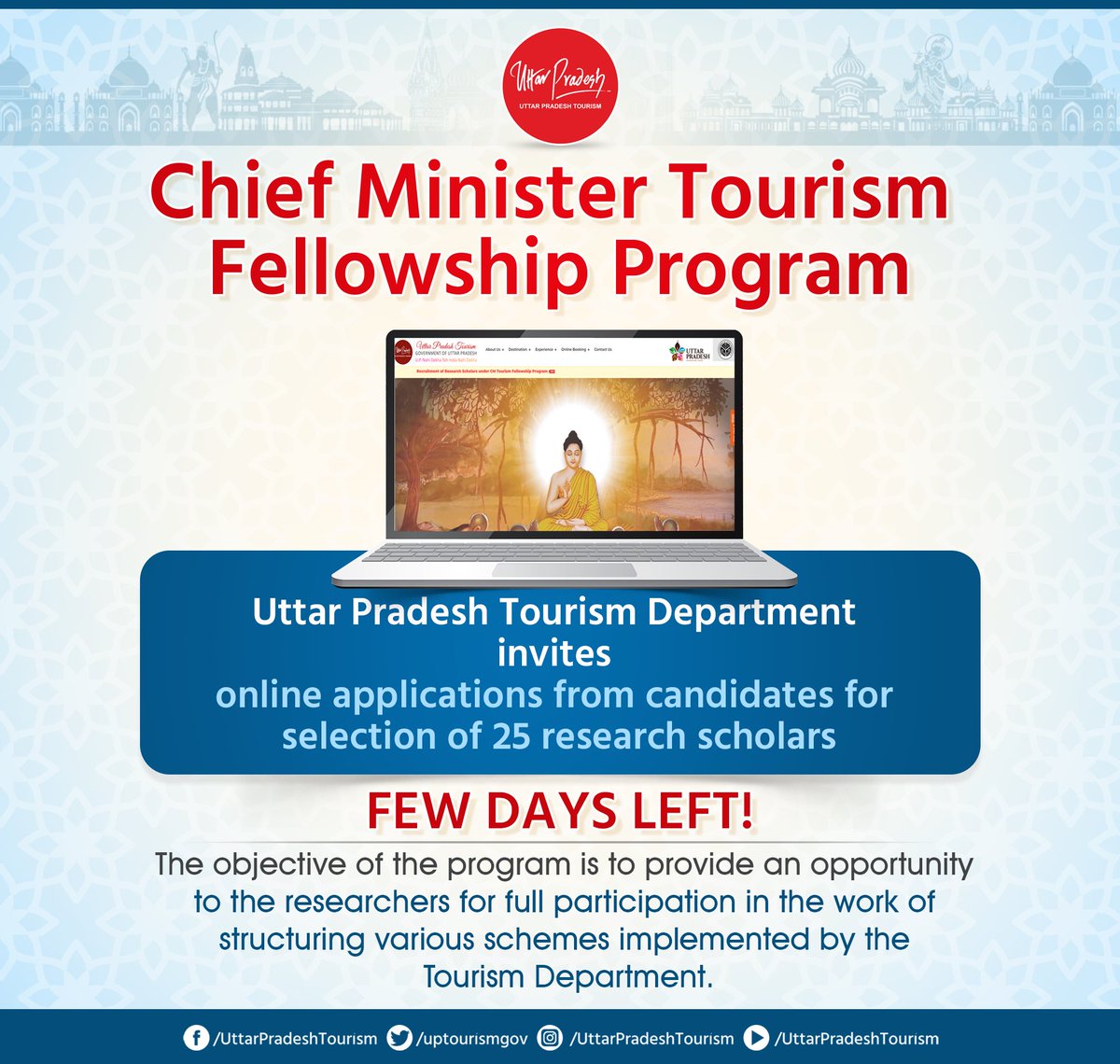 uptourismgov's tweet photo. Apply now for the #ChiefMinisterTourismFellowshipProgram!
#UttarPradeshTourism is seeking 25 passionate research scholars to shape the future of tourism in the state. Seize this opportunity to actively contribute to structuring innovative tourism schemes!

#FewDaysLeft! https://t.co/9MqUcVmem1