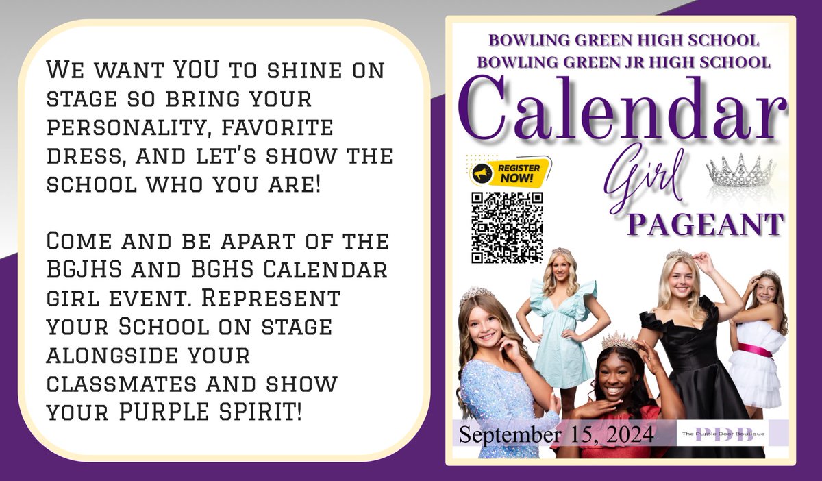 BGHSPurplesNews's tweet image. Be a part of BGHS’s Calendar Girl pageant! 

docs.google.com/forms/d/e/1FAI…