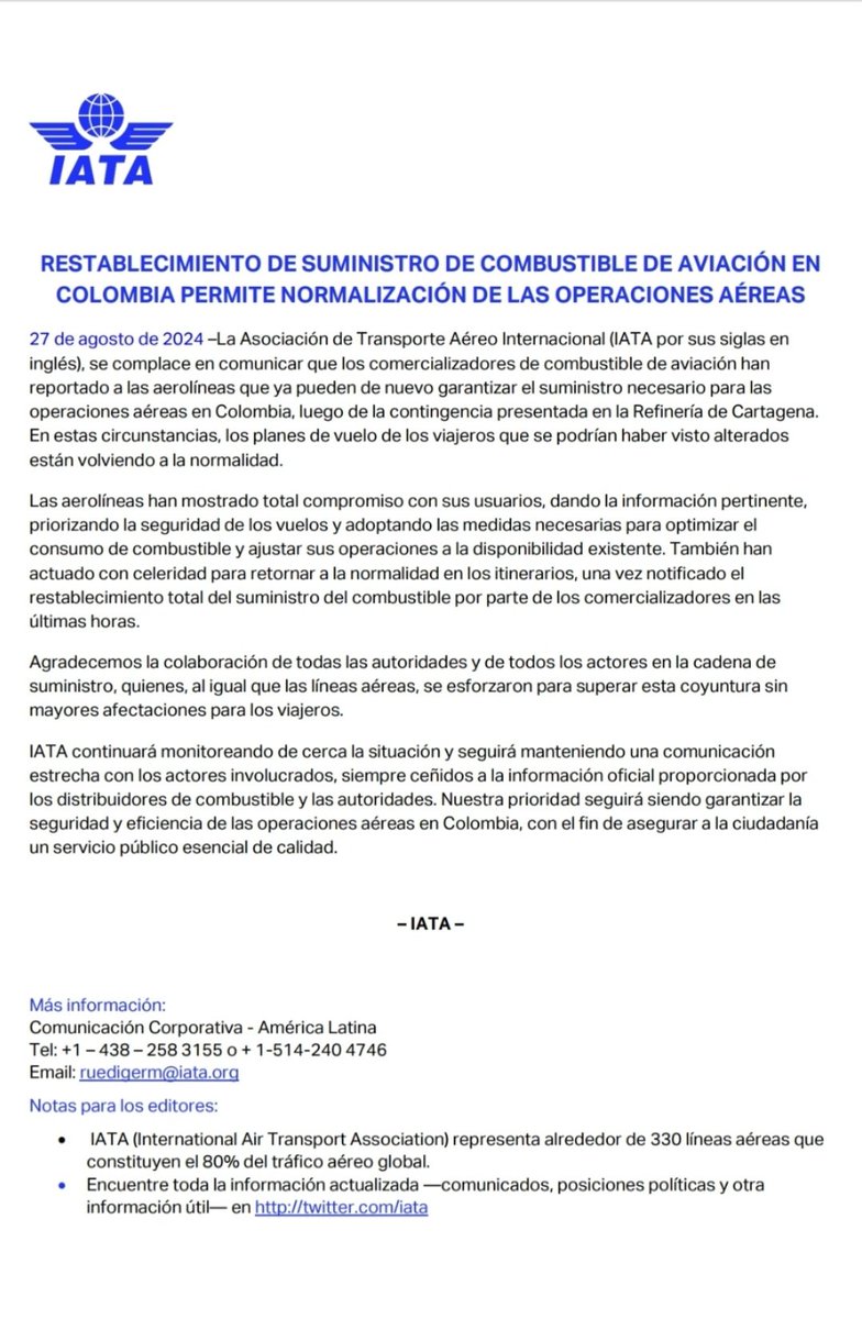 Ctur_colombia's tweet image. Comunicado de nuestro afiliado @IATA Colombia tema combustible operación aérea @MinTransporteCo @MinEnergiaCo @ECOPETROL_SA