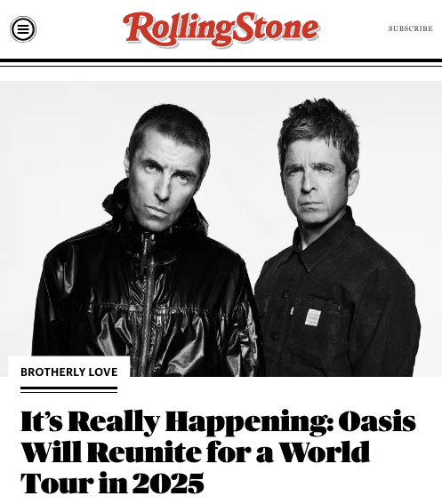 RollingStone's tweet photo. Hell has not frozen over, but @oasis have reunited.

“The guns have fallen silent. The stars have aligned. The great wait is over. Come see. It will not be televised.”

More: https://t.co/l8UIZhG0q9 https://t.co/DpFypoGjOB