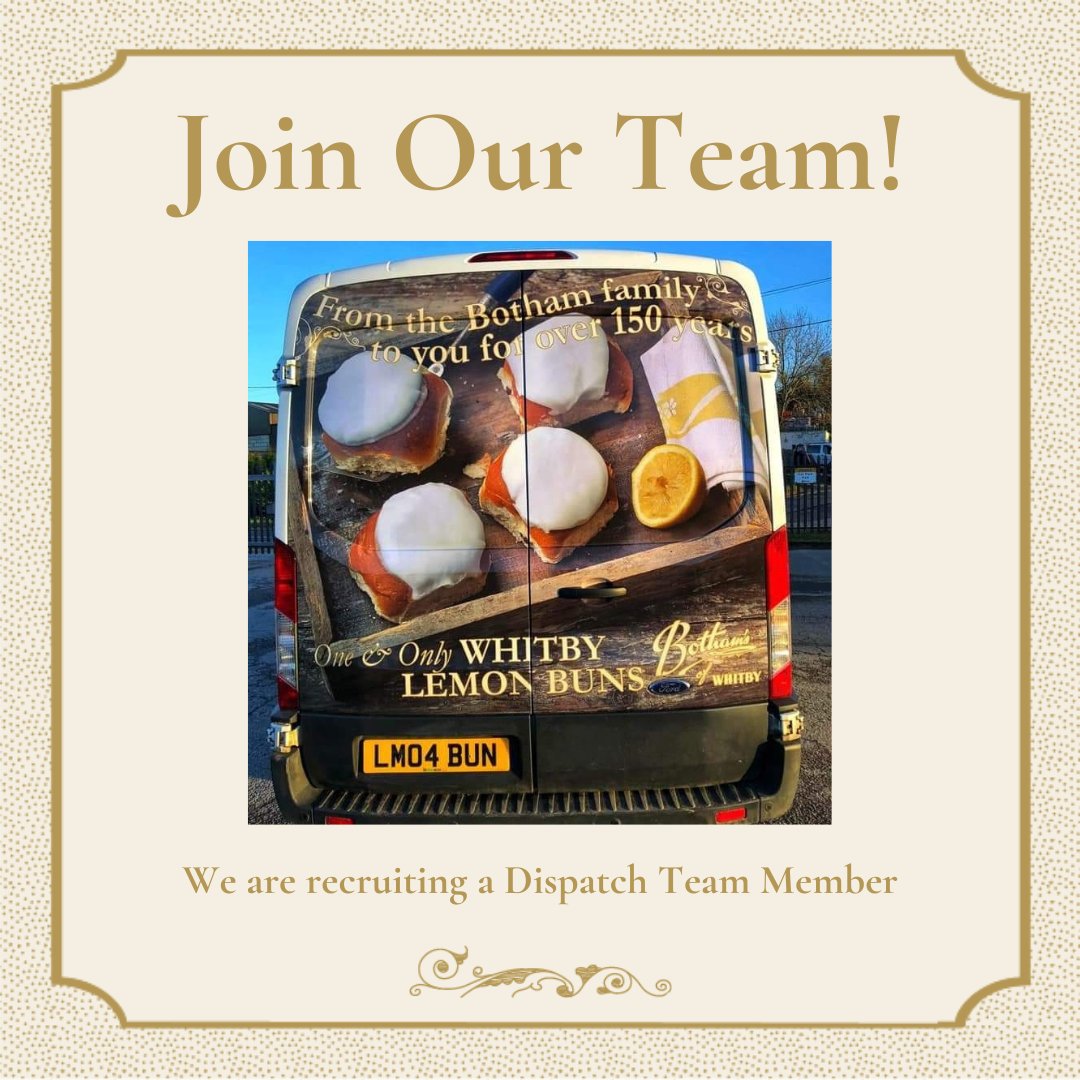 BothamsofWhitby's tweet image. We are recruiting a Dispatch Team Member at Enterprise Way bakery! 🚚

Apply here ➡️ botham.co.uk/careers-at-bot… or email a CV to info@botham.co.uk

✅ Part-time, permanent position with immediate start
✅ 3-4 days per week

#bothams #jobs #workforus #whitby #whitbyjobs