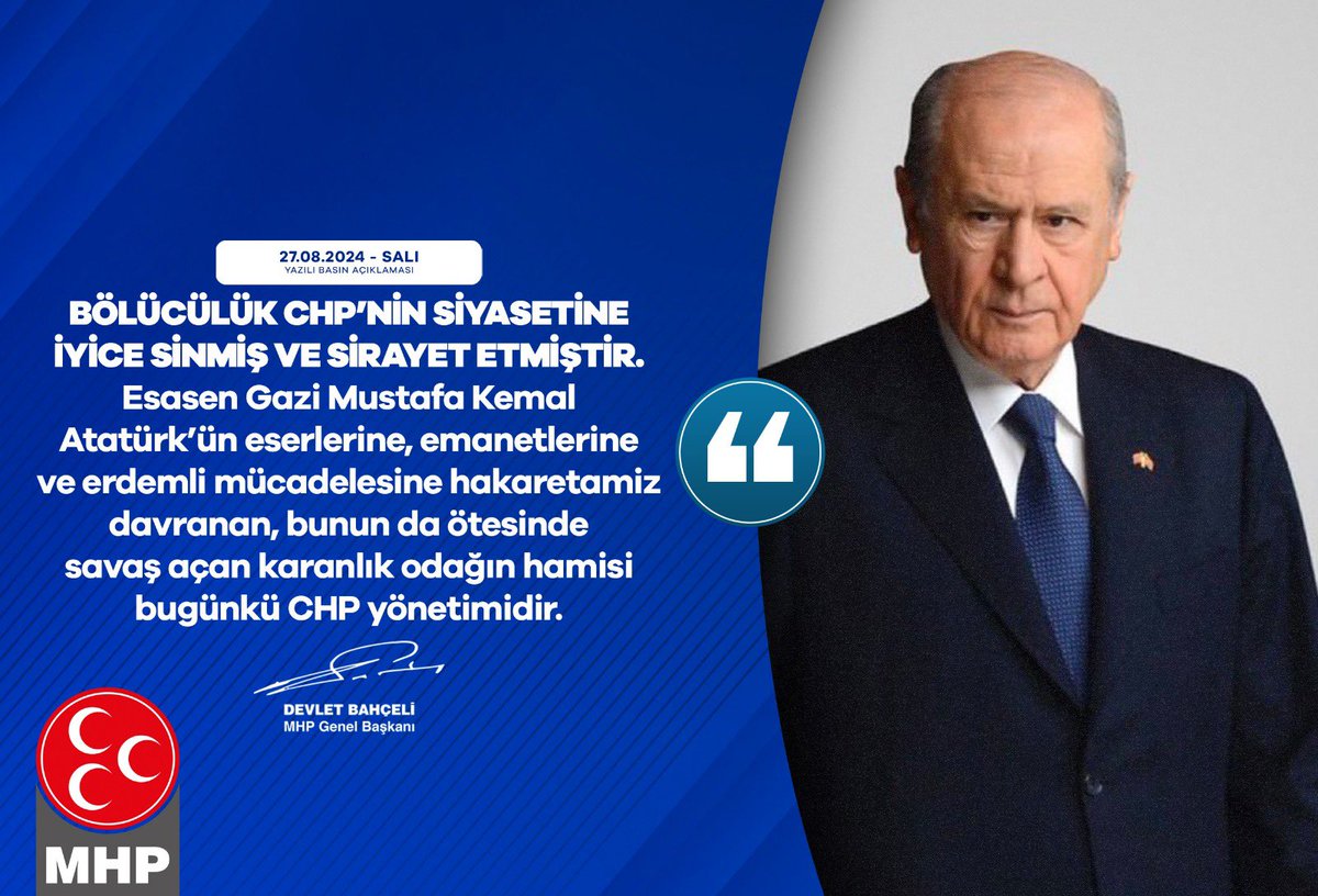 Bölücülük CHP’nin siyasetine iyice sinmiş ve sirayet etmiştir.
Esasen Gazi Mustafa Kemal Atatürk’ün eserlerine, emanetlerine ve erdemli mücadelesine hakaretamiz davranan, bunun da ötesinde savaş açan karanlık odağın hamisi bugünkü CHP yönetimidir.

MHP Genel Başkanı
Devlet
