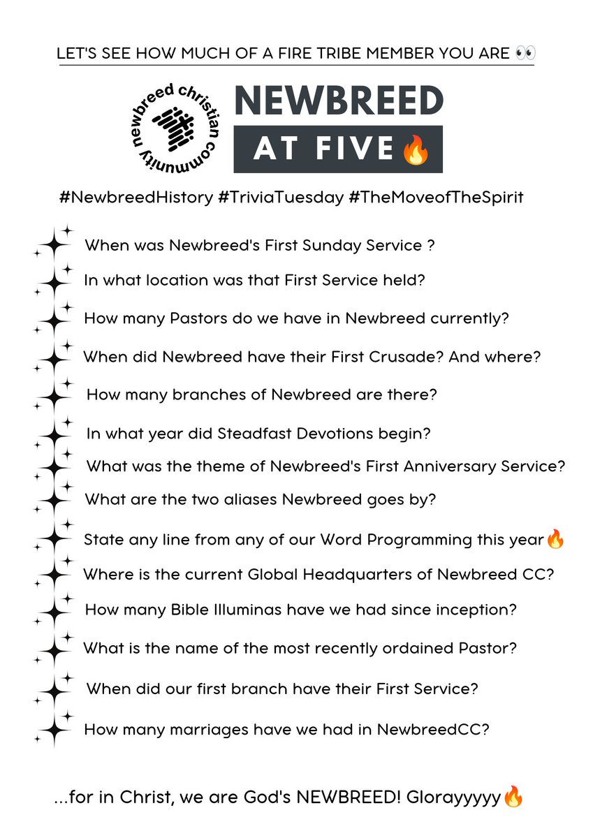 newbreedccng's tweet photo. Our Anniversary Conference starts tommorow and we are barely 24 hours away from the #MoveofTheSpirit๐ฅ
Its #TriviaTuesday...Let's see how well you know our churchโs history? ๐
Type your answers, screenshot them and post them in the comments section...let's go ๐๐
#NewbreedCC https://t.co/D80iePIanT