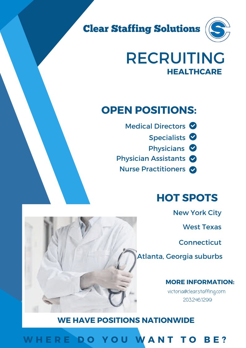 #wheredoyouwanttobe #recruiting #openphysicianjobs #physicianpositions Contact us today for more information victoria@clearstaffing.com