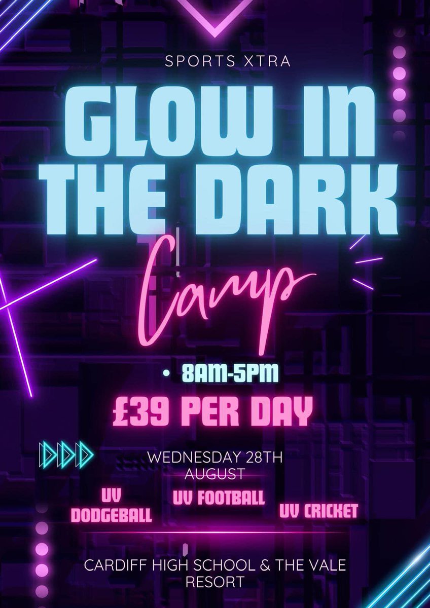 SportsXtraSW's tweet image. Glow In The Dark Camp Day
Just 24 hours until our brand new Glow in the Dark Camp Day ⏰ last chance to book on !!
Please use the following direct booking link to the Glow Sports Camp below:
campscui.active.com/orgs/SportsXtr…