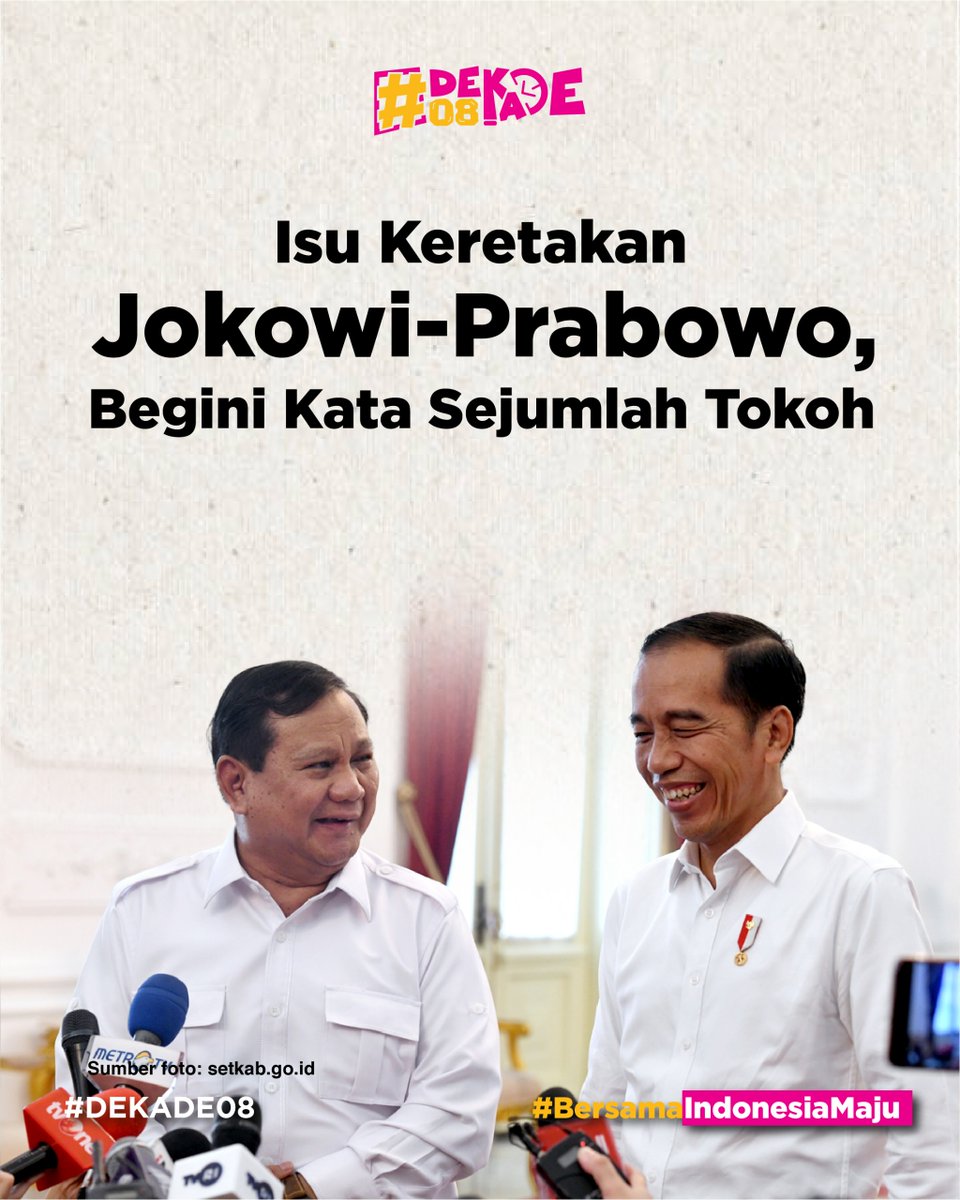 dekade_08's tweet photo. Hubungan antara Presiden Joko Widodo (Jokowi) dan Presiden Terpilih Prabowo Subianto diisukan retak

Ini respons sejumlah tokoh isu tersebut

#prabowo #gibran #prabowogibran #isu #presiden #jokowiprabowo #retak #mendingprabowo #dekade08 #terusmajubersamaprabowo https://t.co/WBj525iC1L