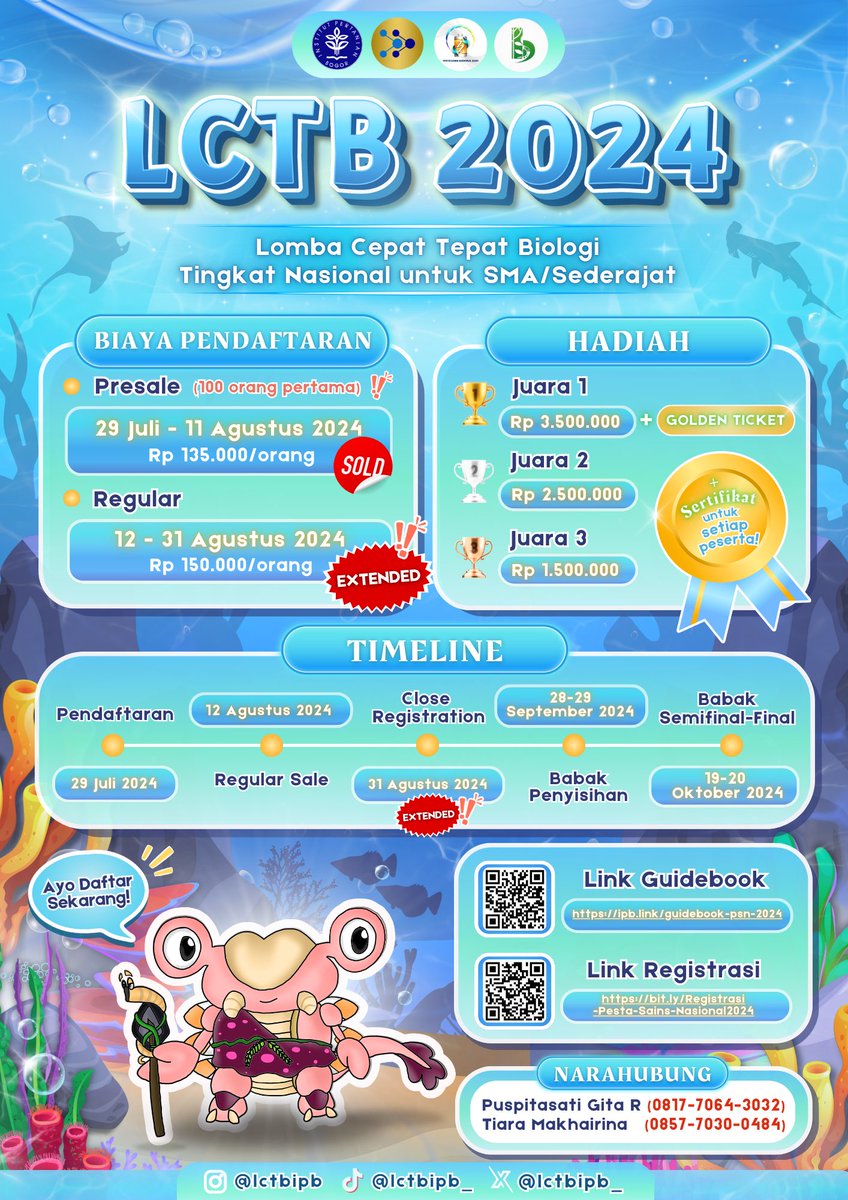 lctbipb_'s tweet photo. ‼️EXTENDED‼️

Halo Panthalian! 
kabar baik bagi kalian yang belum sempat daftar LCTB IPB nih, karena LCTB IPB memperpanjang pendaftaran 🤩🤩🤩

untuk detail selengkapnya cek di poster berikut ini ya! https://t.co/WtfRcX1eSa
