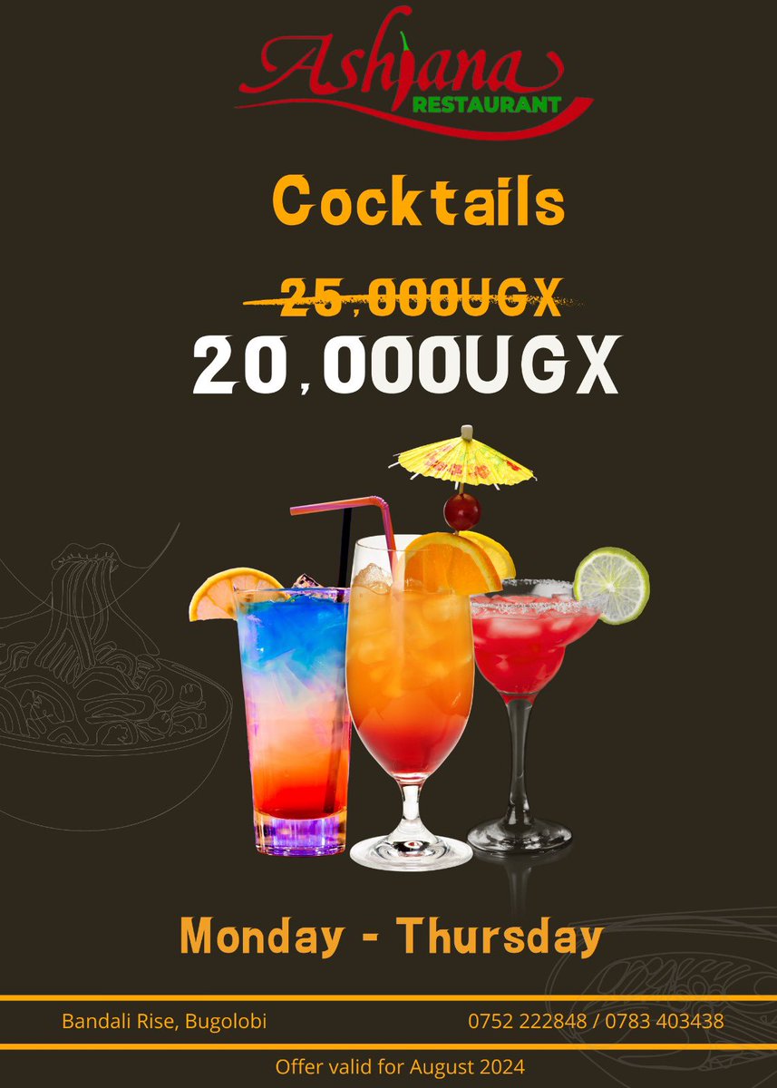 Midweek treat! 🍹😋

Unwind with our special cocktails. Cocktails now at 20,000, down from 25,000. 

Perfect for any occasion! 🍸✨

Contact us ☎️0752222848 / 0783403438