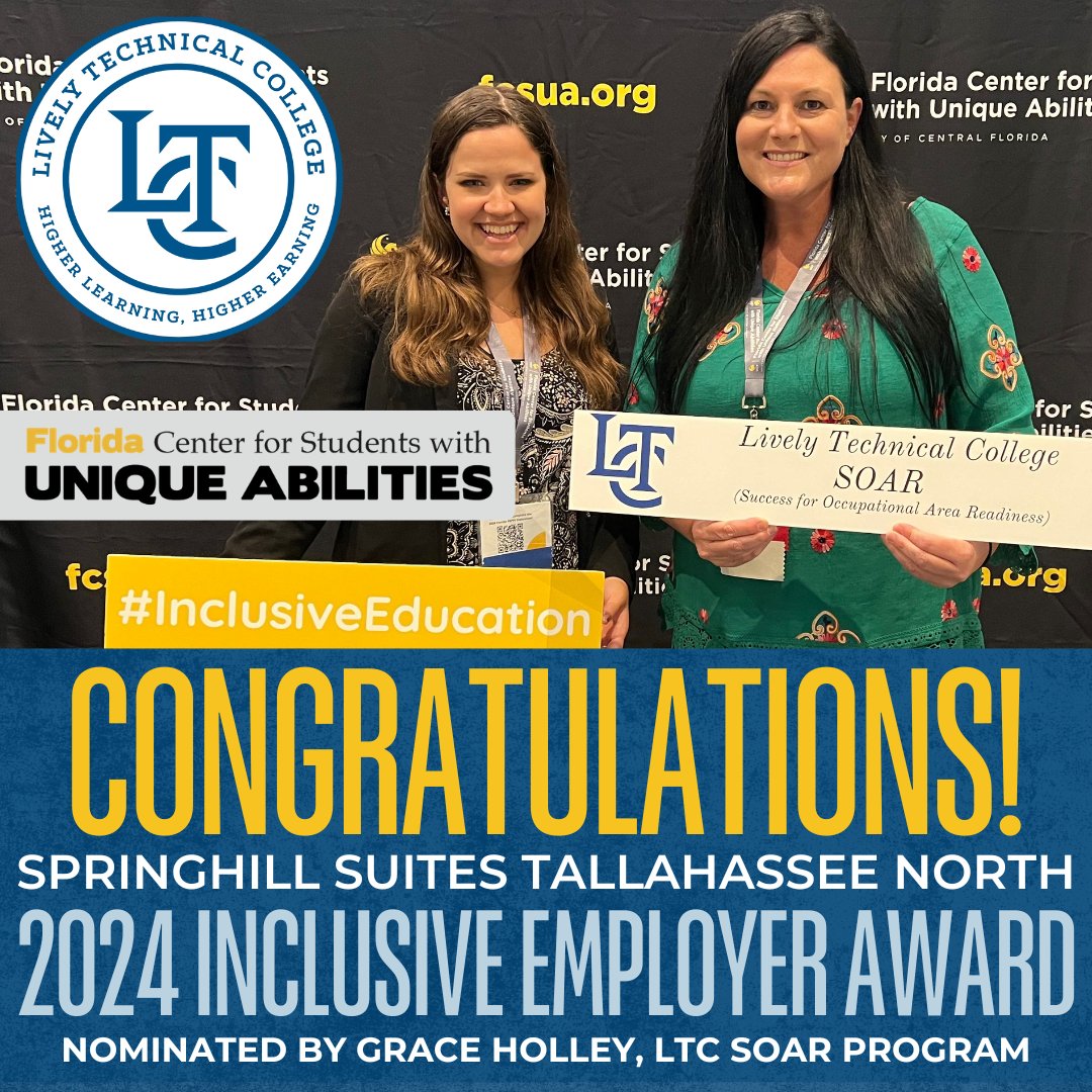 LivelyTechTally's tweet image. 🌟 Celebrating Success! We’re thrilled to announce that our SOAR Program has significantly impacted the community! Thank you to Grace Holley for submitting SpringHill Suites (North Tallahassee) for the 2024 Inclusive Employer award, and a big shoutout to FCSUA! #LivelyTech
