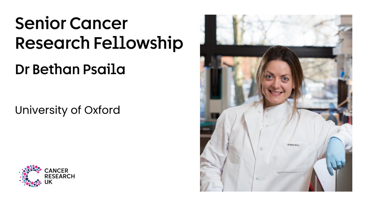 Science and Innovation at Cancer Research UK (@crukresearch) on Twitter photo Bethan Psaila received a Senior Cancer Research Fellowship from our Research Careers Committee, jointly funded with <a href="/RosetreesT/">Rosetrees Trust</a>, to examine the development and impact of malignant bone marrow niches on #BloodCancer evolution to inspire disease-modifying therapies.
#CRUKFunded Bethan Psaila received a Senior Cancer Research Fellowship from our Research Careers Committee, jointly funded with <a href="/RosetreesT/">Rosetrees Trust</a>, to examine the development and impact of malignant bone marrow niches on #BloodCancer evolution to inspire disease-modifying therapies.
#CRUKFunded