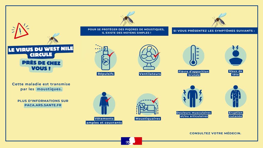 Préfet du Var (@prefet83) on Twitter photo #Prévention | ⚠️ Le Virus du West Nile transmis par le #moustique circule actuellement dans le #Var sur les communes d'<a href="/OllioulesMairie/">Ville d'Ollioules</a> <a href="/laseynesurmer/">La Seyne-sur-Mer</a> et <a href="/6fourslesplages/">Ville de Six-Fours les Plages</a>
🦟 PROTEGEZ-VOUS DES PIQURES !
✅️ Le point avec <a href="/ARSPaca/">ARS Paca</a> ⤵️
👉 paca.ars.sante.fr/index.php/cas-… #Prévention | ⚠️ Le Virus du West Nile transmis par le #moustique circule actuellement dans le #Var sur les communes d'<a href="/OllioulesMairie/">Ville d'Ollioules</a> <a href="/laseynesurmer/">La Seyne-sur-Mer</a> et <a href="/6fourslesplages/">Ville de Six-Fours les Plages</a>
🦟 PROTEGEZ-VOUS DES PIQURES !
✅️ Le point avec <a href="/ARSPaca/">ARS Paca</a> ⤵️
👉 paca.ars.sante.fr/index.php/cas-…