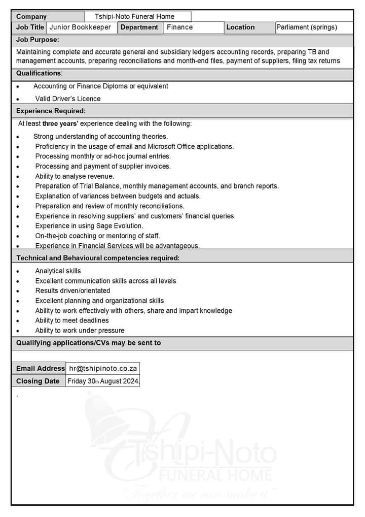 CarolBoitumelo1's tweet photo. Tshipinoto is hiring in Tembisa and Springs..

📌Administrator
📌Junior Bookkeeper 

Email your CV to hr@tshipinoto.co.za
Closing Date 30 August 2024 https://t.co/ZUkbz5S32c