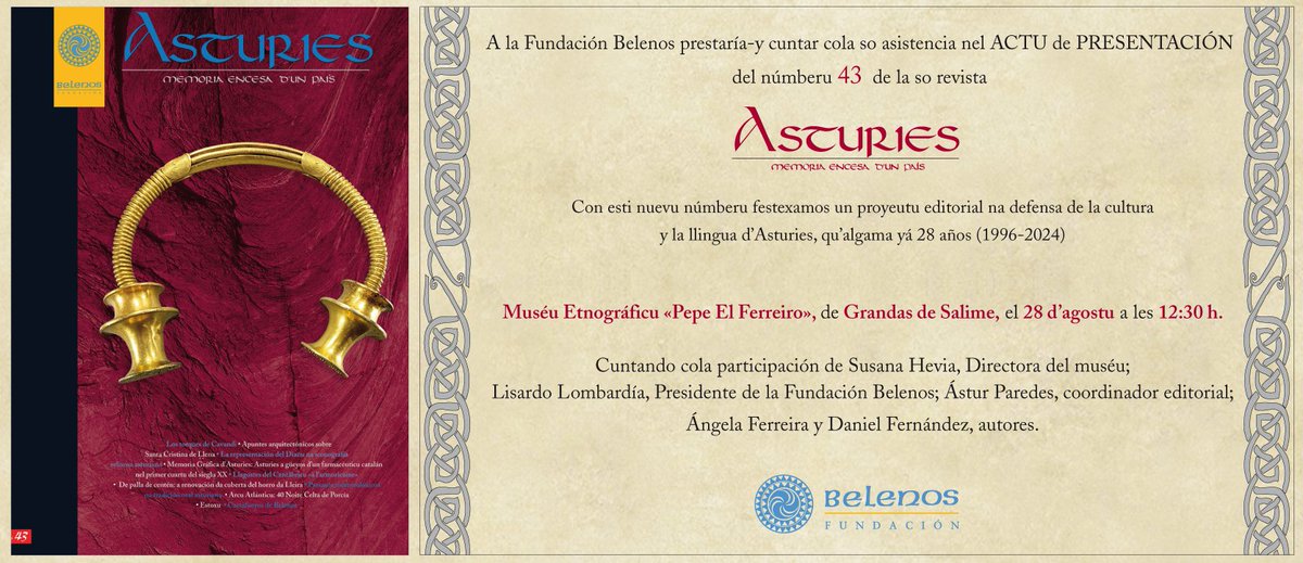 Presentación del númberu 43 de la revista Asturies, memoria encesa d'un país‼
📍Museo Etnográfico "Pepe El Ferreiro" (Grandas de Salime)
Miércoles 28 d'agostu, 12'30 hores

#asturies #asturias #grandasdesalime #memoriaencesa #celtismu  #celtism #celtisme