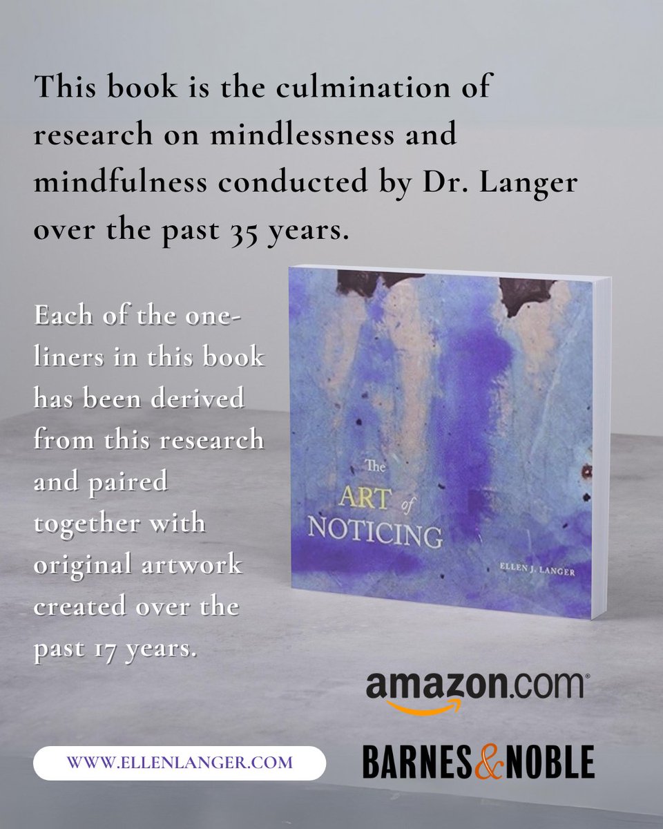 This book is the culmination of research on mindlessness and mindfulness conducted by Dr. Langer over the past 35 years. 
ellenlanger.me 
#EllenLanger #TheArtofNoticing #BookRecommendation #Mindfulness