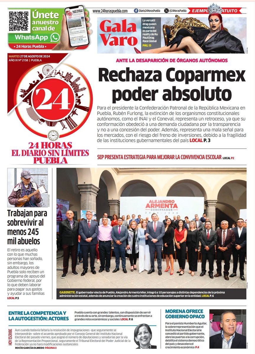 ¡Buenos días Puebla! ☀️ 

Nuestra portada| 📰

⚠️ Rechaza COPARMEX poder absoluto 

✅Alejandro Armenta integró a 10 personas más a su gabinete 

⚠️Trabajan para sobrevivir al menos 245 mil abuelos 

📝 Hoy escribe Rocío García Olmedo