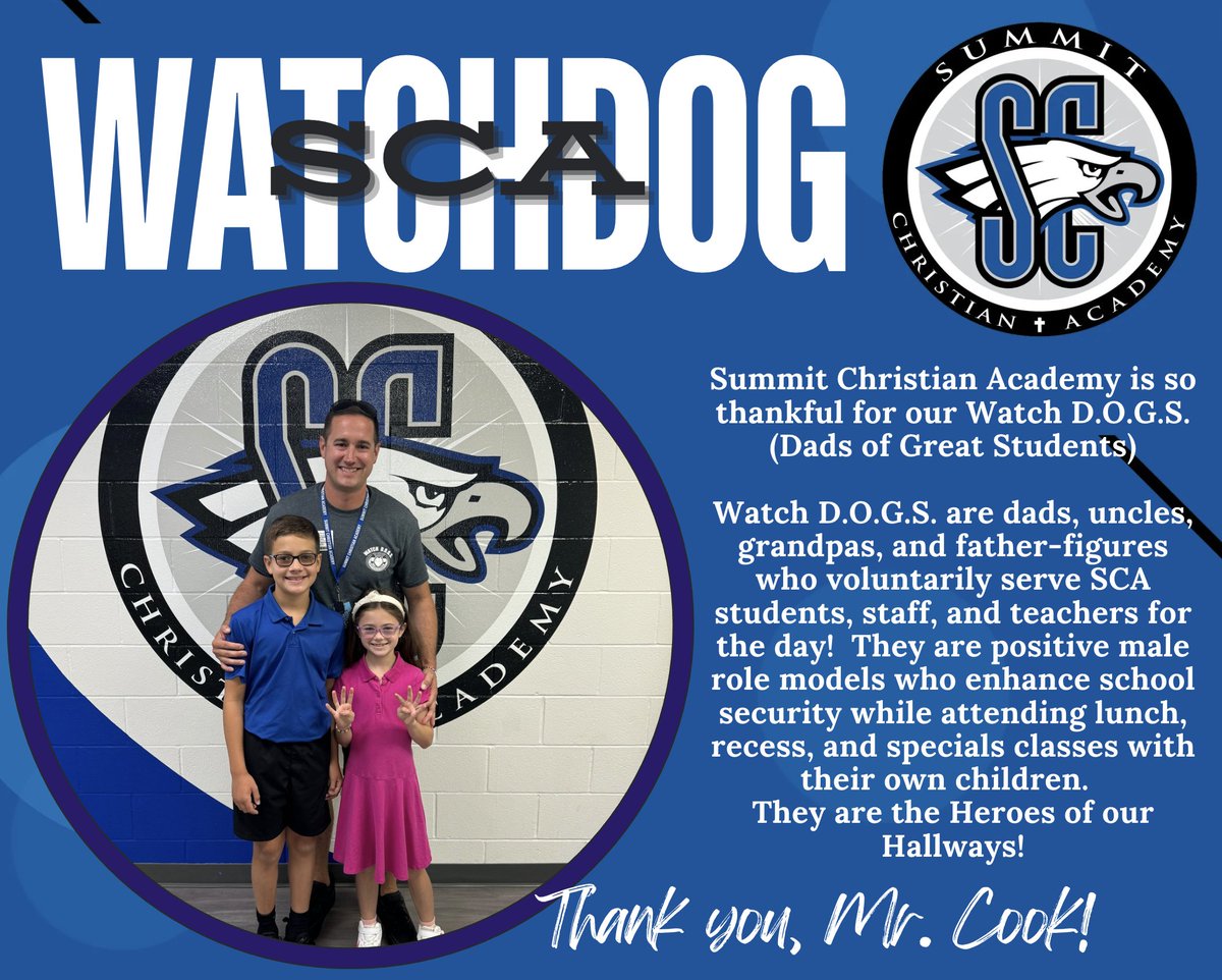 summitacademye1's tweet photo. AT SCA WE ARE SO THANKFUL FOR OUR SCA WATCH D.O.G.S.& WATCH D.O.G.S. PROGRAM-- they are the Heroes of our Hallways! Thank you, Mr. Cook, for sharing your time on Monday with SCA students, staff, and teachers!
#SCA2424 #SCAWatchDogs #SCAAspireHigher2425 https://t.co/eAkG0xbrQM