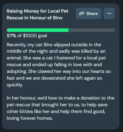 OWGrandma's tweet photo. 🥺🖤

57% of the goal already. I love y'all so much.

Binx visited me in my dreams last night. It's the first time I've felt a little bit of peace since she went missing. It felt like she was telling me it's okay.

Let's keep going until we hit the goal. <3 https://t.co/A4qM7HCAxi
